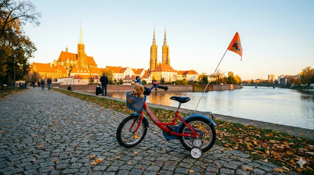 Czerwony rower dziecięcy z pluszowym misiem w koszyku stojący na brukowanym bulwarze we Wrocławiu, w tle panorama Ostrowa Tumskiego nad Odrą o zachodzie słońca.