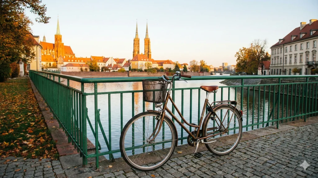Klasyczny brązowy rower miejski z koszykiem zaparkowany przy zielonej barierce nad Odrą we Wrocławiu z widokiem na Ostrów Tumski o zachodzie słońca.
